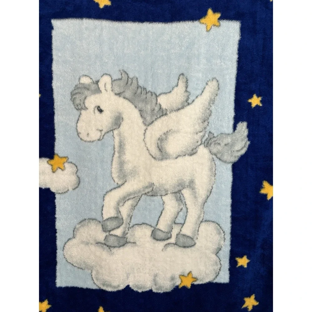 Vintage Baby Mink Blanket Pegasus Deep Royal Blue Stars‎ Clouds Dreams 43